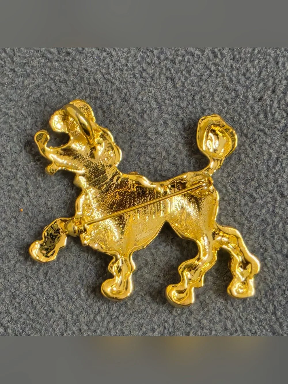 Gold Tone Poodle Dog Brooch Clear Rhinestones Green Eye Figural Pin New